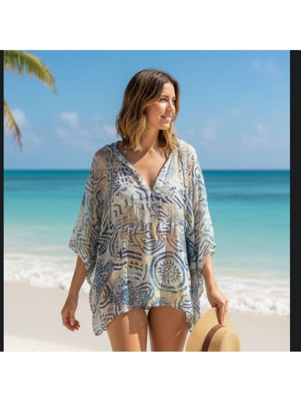 Chico's  Oversized Vintage Sheer Patterned Hoodie Swim Cover , Small,Silk.